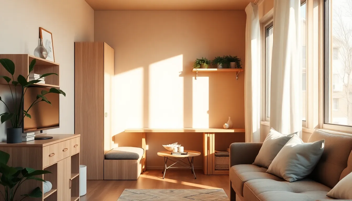 벽 부착형 접이식 식탁과 바퀴 달린 이동식 선반이 있는 깔끔한 자취방 주방